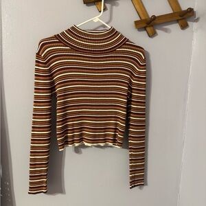 Pink Republic Striped Ribbed Long-Sleeve Crop Top in Brown, Cream & Mustard